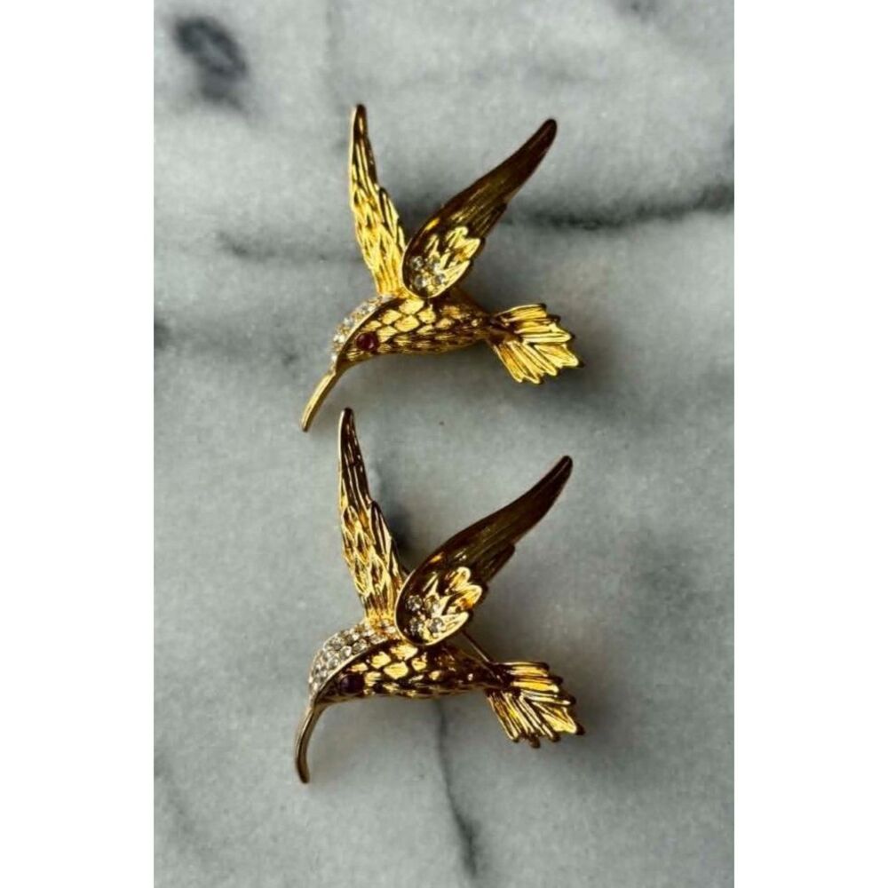 Vintage Gold Tone Hummingbird Brooches Pins Rhinestones Red Eye 1960s Lot of 2